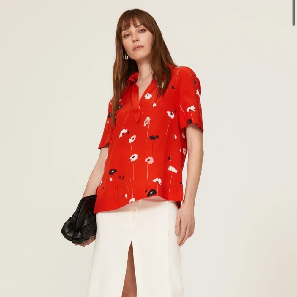 Jason Wu Silk Floral Red Collared Shirt 6
